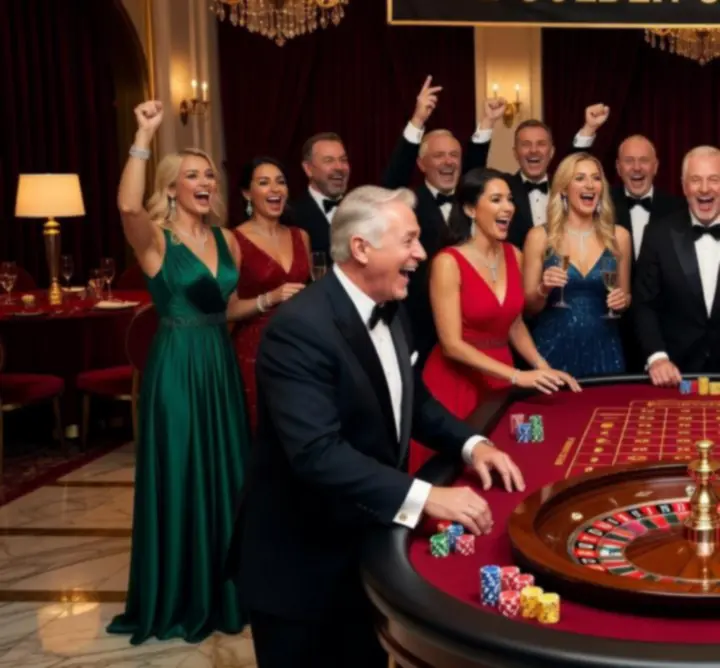 Collage-style casino event gallery showing lively guests and cinematic lighting.
