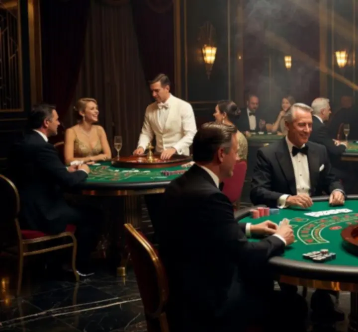 Overview of a cinematic casino-themed event with poker, roulette, and blackjack tables.