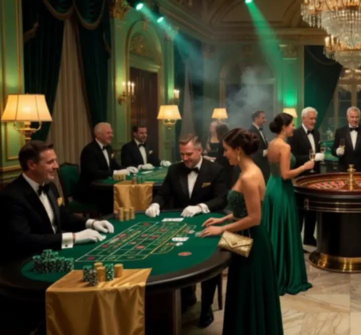 Luxurious casino event setup with gaming tables and atmospheric lighting.