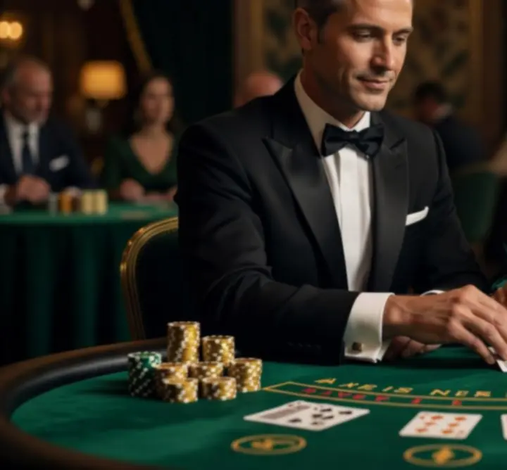 Elegant casino host in tailored formal attire standing beside a gaming table.