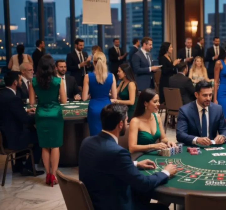 Corporate casino event with colleagues gathered around gaming tables enjoying the experience.
