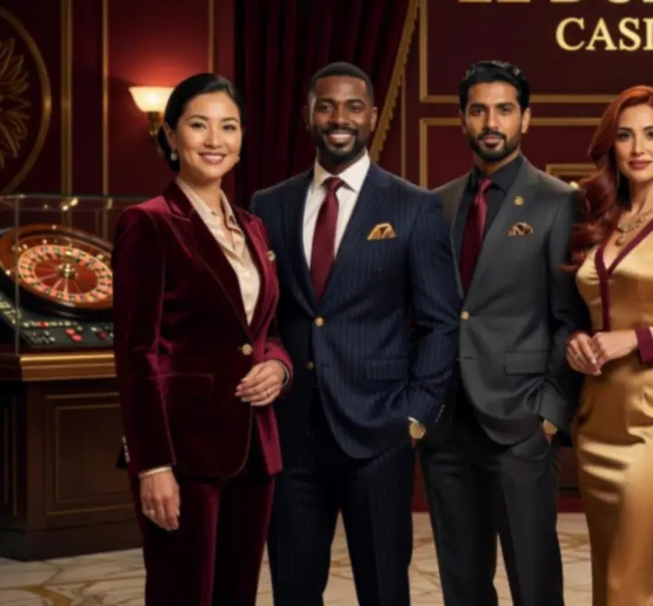 Diverse team of mobile casino hosts smiling beside gaming tables.