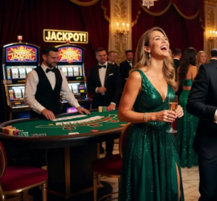 Guests enjoying a vibrant casino-themed party with luxury styling