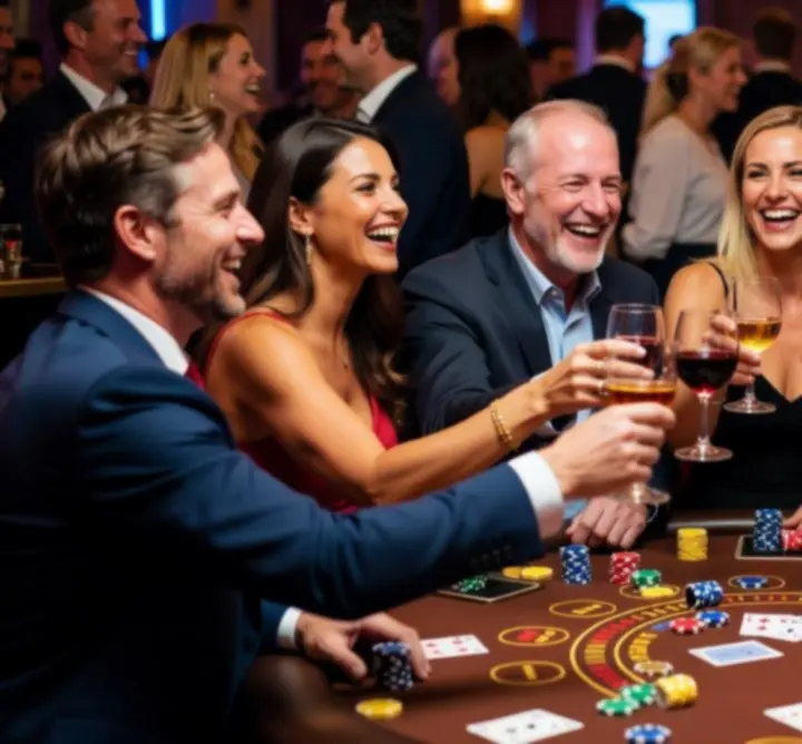 Guests enjoying casino tables and vibrant party scenes at a mobile casino event.