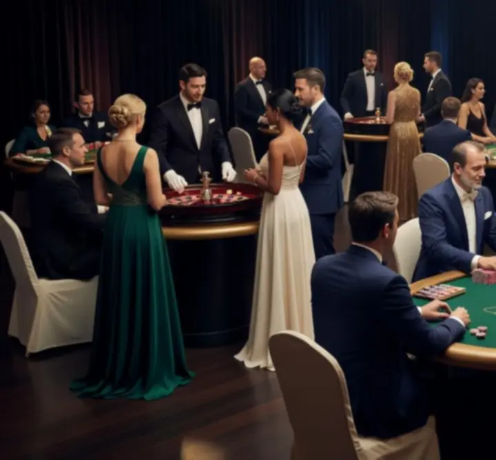 Guests gathered around luxury casino tables at an atmospheric event