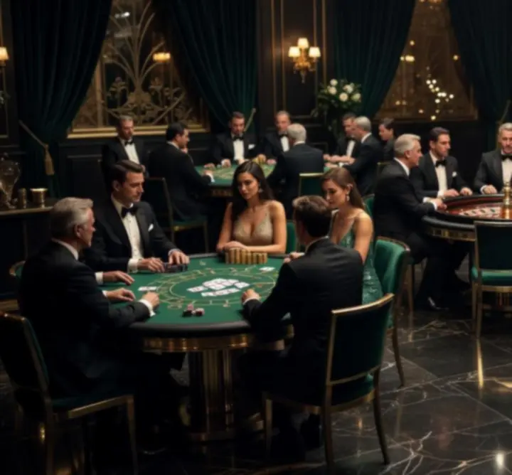 Luxury casino night setup with velvet tables, cards, and chips under cinematic lighting.