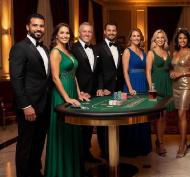 Group of professional mobile casino hosts posing beside gaming tables at an event.