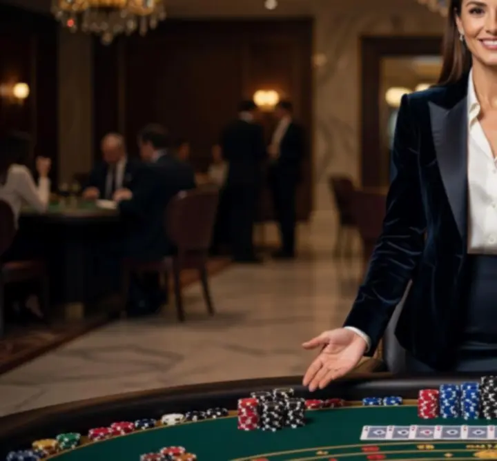 Elegant casino host and dealer team welcoming guests at a luxury event.