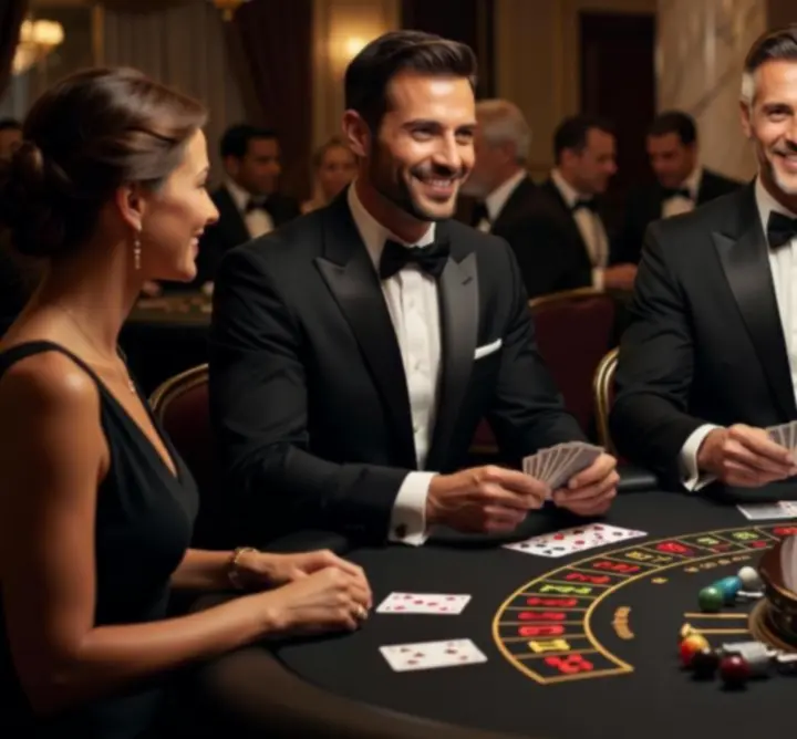 Professional casino hosts and dealers in formal attire running an elegant event.