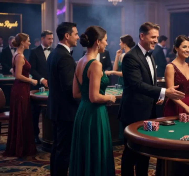Professional casino event hosts engaging with guests at a gaming table.