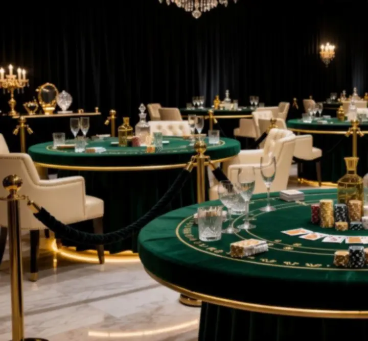 Cinematic casino-themed event ambience with emerald and gold lighting