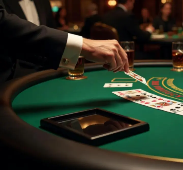 Elegant casino gaming table setup with premium cards and chips