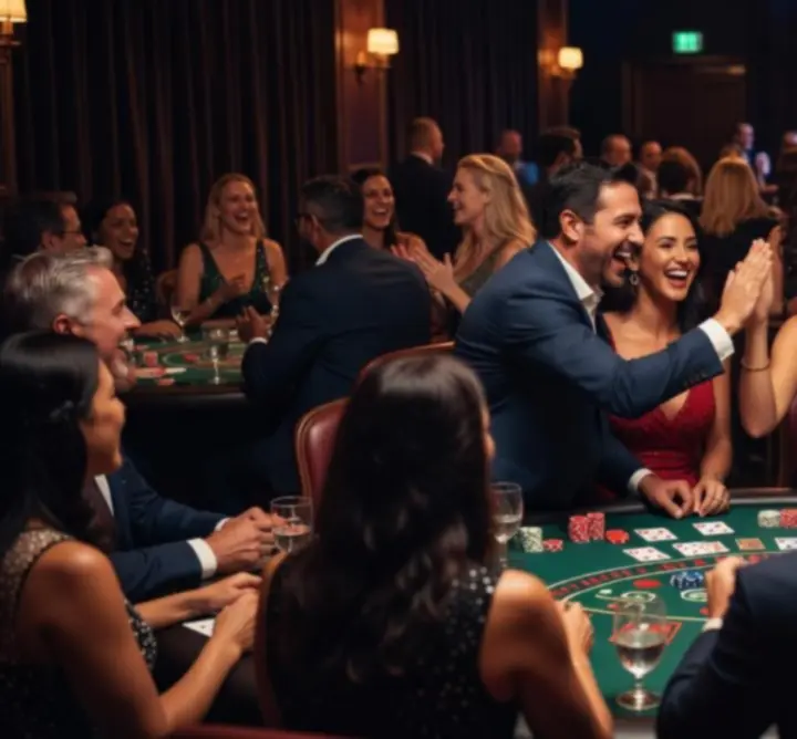 Guests laughing and cheering around a casino gaming table