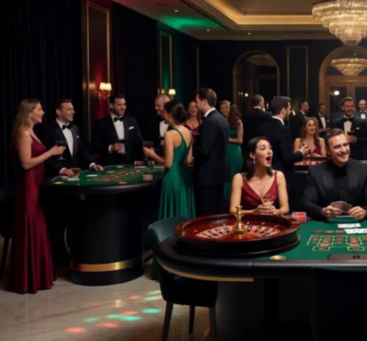 Luxurious casino-themed event with guests gathered around gaming tables