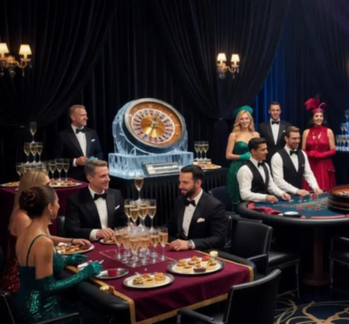 Cinematic themed casino party setup with atmospheric lighting and décor