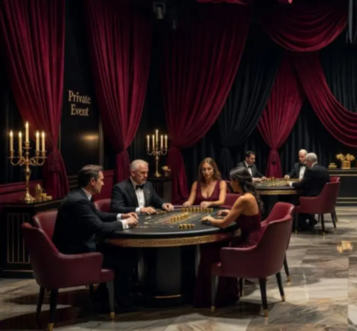Venue transformed into a high-end casino environment with dramatic lighting and décor.